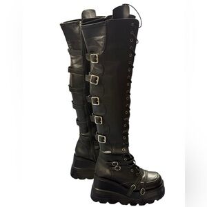 Y2K Gothic Platform Knee-High Lace-Up Boots Buckle Side Zip Vegan Black 6.5